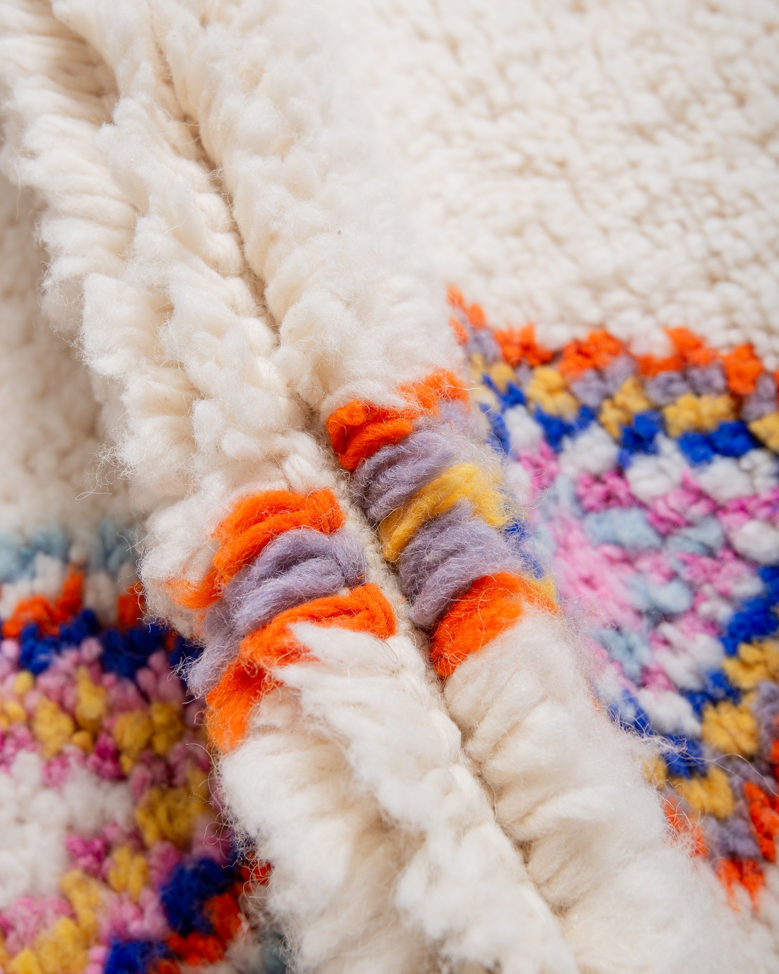 Modern, designer, handcrafted Berber rug from Morocco. Beniourain carpet with beautiful colours and patterns and fluffy wool texture.